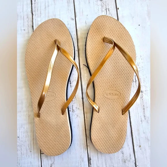Rockin Luxury Cream Beige Metallic Gold Gel Strap Flip Flops Sandals Jelly Strap - Picture 3 of 7